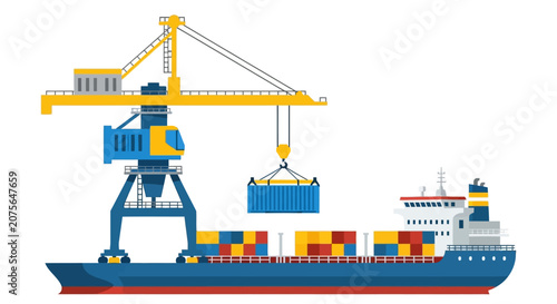 Flat Vector Illustration of a Cargo Ship and Port Crane Loading Containers, Symbolizing Global Logistics, International Trade, and Maritime Transport on a White Background
