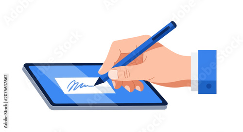 Digital Signature Illustration: Hand Signing Electronic Document on Tablet with Stylus Pen