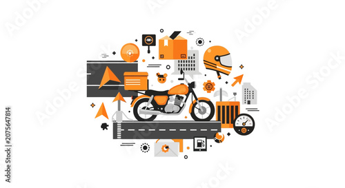 Modern Flat Vector Illustration of Motorcycle Courier Delivery Service Concept with Logistics Icons and Navigation Elements