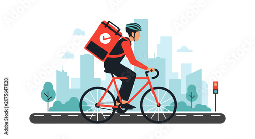 Flat Vector Illustration of a Food Delivery Courier Riding a Bicycle in a Modern City Environment