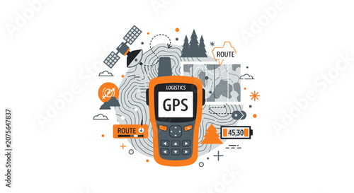 GPS Navigation and Logistics Concept Illustration with Handheld Device, Satellite, and Topographic Map