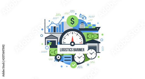 Global Logistics Performance Barometer and Supply Chain Management Concept Vector Illustration with Shipping, Warehouse, and Financial Growth Icons