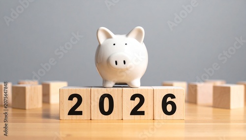White ceramic piggy bank placed on four wooden blocks displaying “2026,” blocks arranged in straight line on wooden surface with blurred blocks in background, minimalistic and well-lit scene visually 