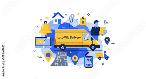 Last-Mile Delivery Logistics Flat Vector Illustration with Yellow Van, Courier, GPS Tracking, and E-commerce Shipping Icons