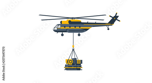 Cargo Helicopter Transporting Industrial Generator Flat Vector Illustration Isolated on White