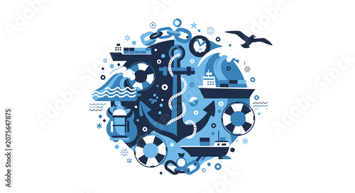 Maritime Logistics and Global Shipping Vector Illustration with Nautical Symbols, Anchor, Cargo Ships, and Waves in Blue Tones