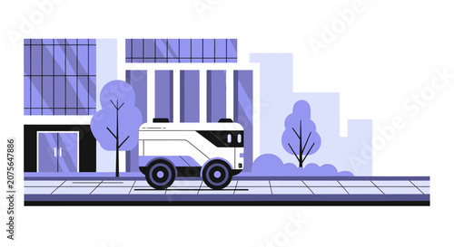 Autonomous Delivery Robot in Smart City Street - Flat Vector Illustration of Future Logistics, Unmanned Vehicle, and Urban Transportation
