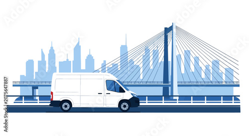 White Delivery Van Driving on Bridge with City Skyline Background - Flat Vector Illustration for Logistics and Transportation Services