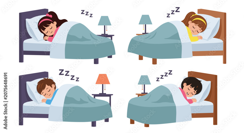 Fototapeta premium Collection of four illustrations showing young boys and girls sleeping peacefully in their beds under warm blankets during the nighttime.