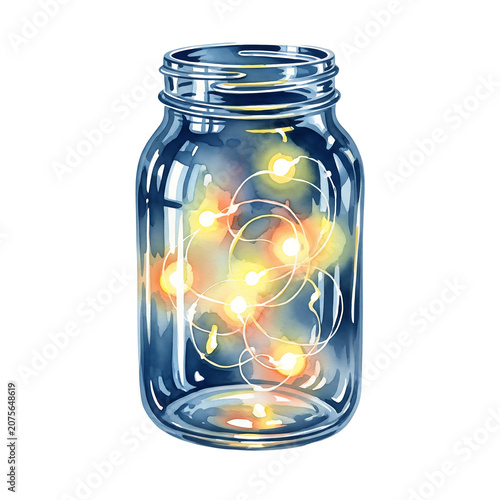Watercolor Mason Jar with Lights PNG Transparent