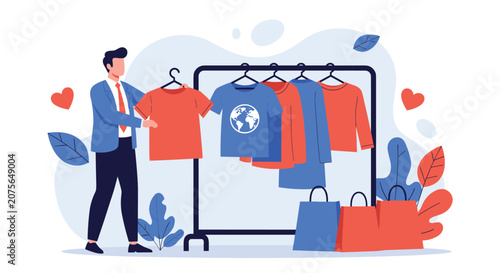 Elegant man in business suit browses clothing rack and selects a red tshirt while shopping in a fashion boutique with gift bags.