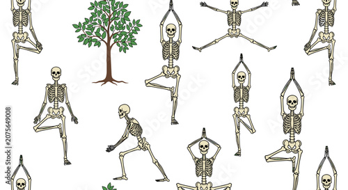 Funny seamless pattern featuring human skeletons practicing various yoga poses and meditation under a green tree on white background.