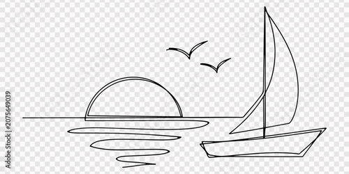Fotografie Sailing boat on the sea at sunset with seagulls, continuous line drawing of yach