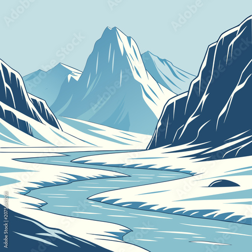 Принти на полотні Illustration of a mountain range with a river flowing through a valley, mountain