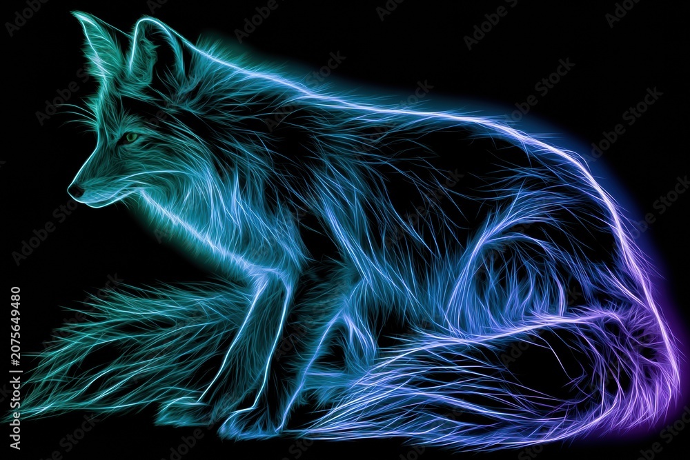 Fototapeta premium An arctic fox with white and ice-blue neon fur sits against a black background, surrounded by a green and violet glow.