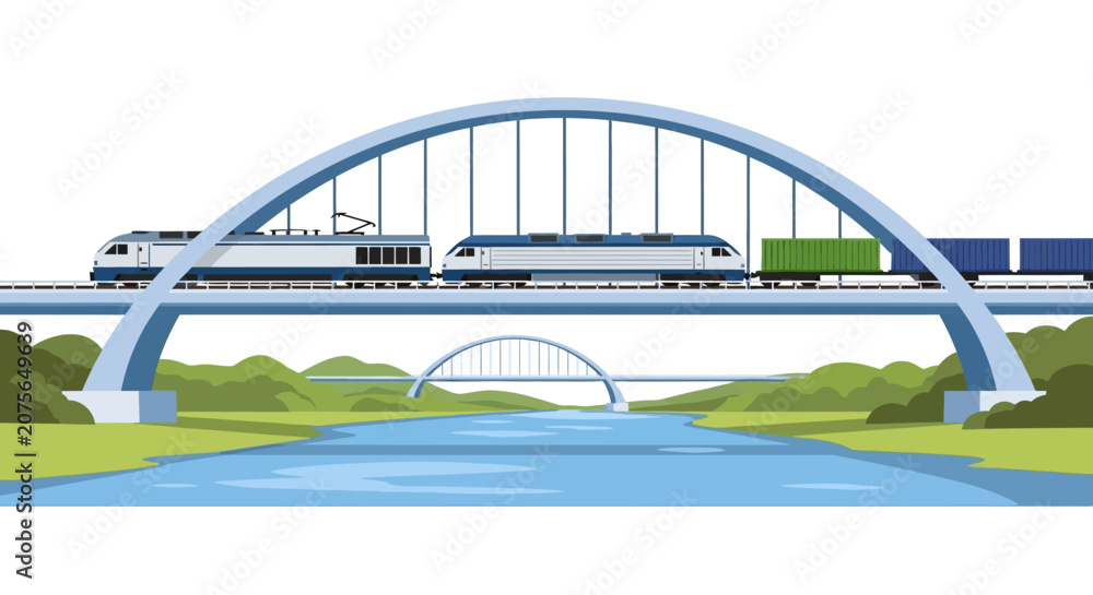 Fototapeta premium Freight Train Crossing Arch Bridge over River, Modern Logistics and Industrial Transportation Vector Illustration