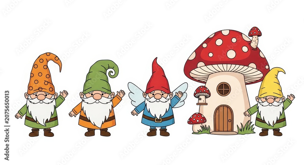 Obraz premium Set of Cute Cartoon Gnomes and a Mushroom House Illustration Isolated on White Background for Fairy Tale Design