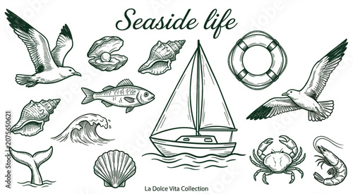 Canvas-taulu Vintage Seaside Life Vector Illustration Set Featuring Sailboat Seagulls Sea She