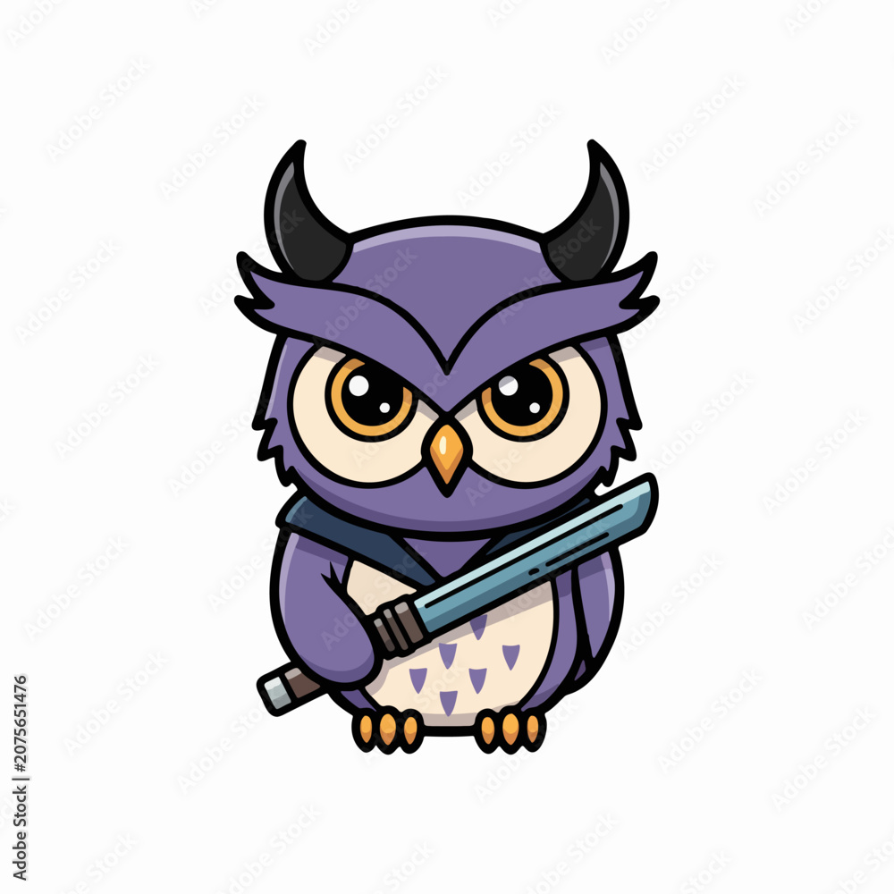 Fototapeta premium Purple horned owl samurai mascot centered full body shot holding a katana sword, cartoon vector illustration with flat studio lighting isolated on plain white background.