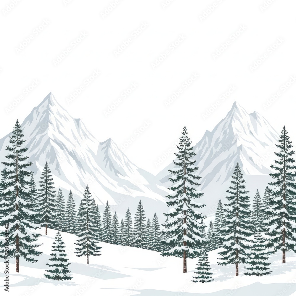 Fototapeta premium Snowy forest with tall evergreen trees and mountains