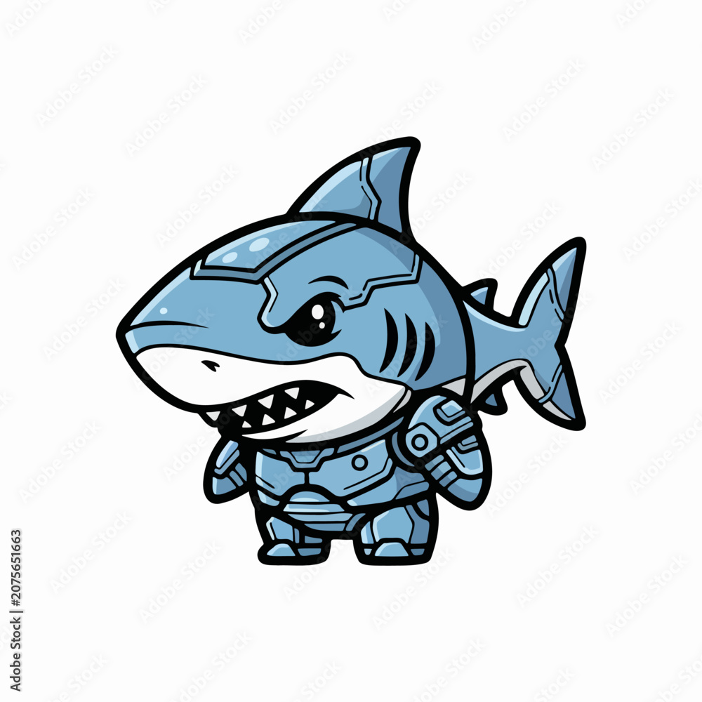 Fototapeta premium Armored robotic shark mascot full body view standing for gaming character design in chibi cartoon illustration with flat lighting isolated on white background