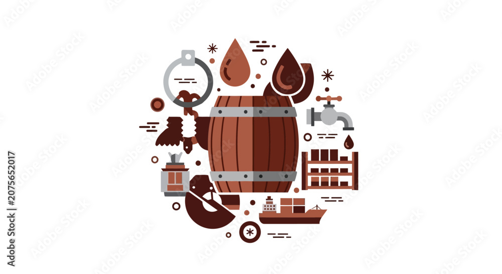 Naklejka premium Oil and Energy Industry Concept Illustration Featuring Petroleum Barrel, Global Logistics, and Fuel Production Icons