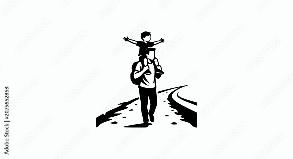 Fototapeta premium Father carrying son on shoulders walking road.