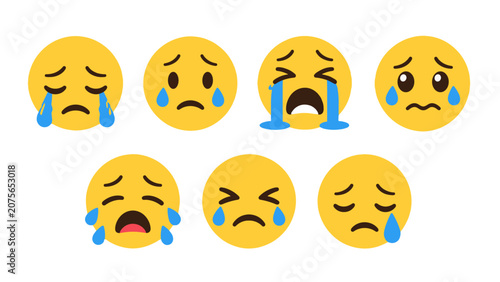 Schilderij op canvas Set of yellow crying emoji faces with tears and sad expressions