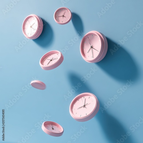 Minimalistic composition with various pink round clocks floating in the air against a bright blue background with soft shadows.