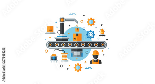 Smart Factory Industrial Automation Concept with Robotic Arm, Conveyor Belt, and Worker Vector Illustration
