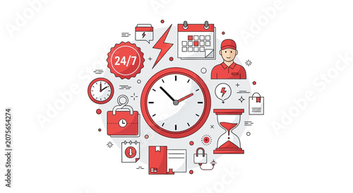 Time Management and Logistics Concept Illustration with 24/7 Service, Clock, Delivery Courier, and Productivity Icons