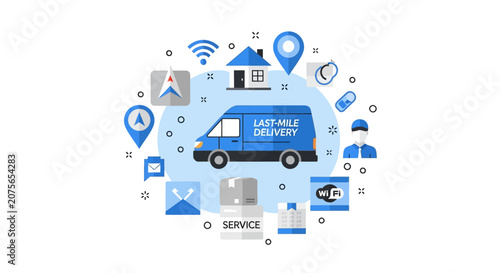 Modern Last-Mile Delivery Service Concept with Blue Van, GPS Navigation, and Logistics Icons for E-commerce Shipping