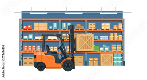 Warehouse Logistics Vector Illustration: Orange Forklift Truck Lifting a Wooden Crate in a Modern Industrial Storage Facility with High Racks and Boxes