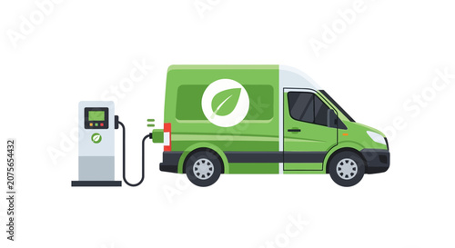 Eco-Friendly Electric Delivery Van Charging at EV Station, Sustainable Logistics and Green Transportation Concept Illustration