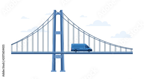Blue Delivery Van Driving Across Suspension Bridge Flat Vector Illustration for Logistics and Transportation Concept