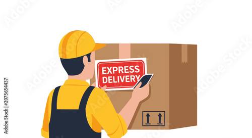 Courier Worker Applying Express Delivery Sticker on Cardboard Box Package