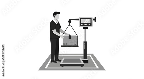 Warehouse Worker Weighing Cardboard Box on Industrial Digital Scale for Shipping and Logistics Illustration