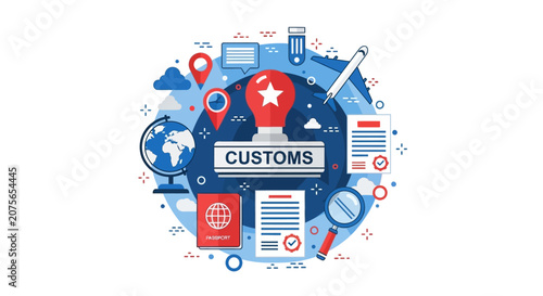Customs and International Border Control Concept Illustration with Passport, Globe, and Airplane for Global Logistics and Travel Design