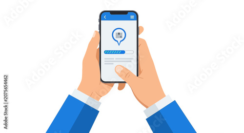 Hands Holding Smartphone with Package Tracking App Interface and Progress Bar Illustration