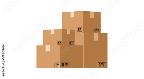 Stack of Brown Cardboard Shipping Boxes with Delivery Symbols Isolated on White