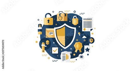 Security and Insurance Protection Flat Illustration with Shield, Padlocks, and Package. Professional Business Safety Concept for Logistics, Data Defense, and Asset Management.