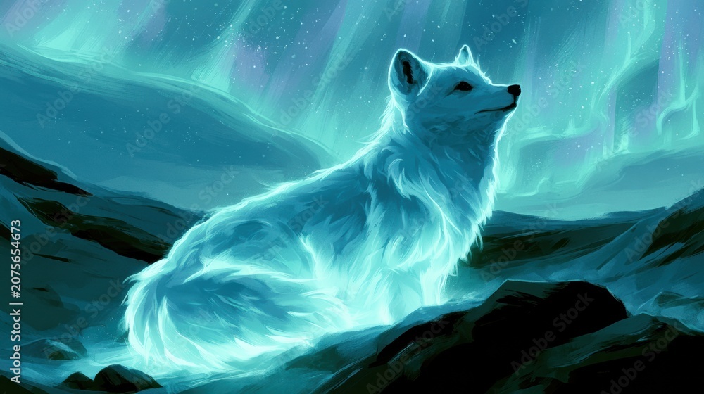 Fototapeta premium Arctic fox shines as a glowing white form in frozen tundra with aurora lights above, creating a vivid scene of wildlife in the arctic.