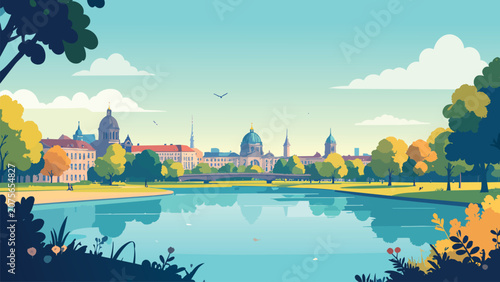 Berlin Cityscape Vector Illustration with River, Park Trees, Historic Skyline and Sunny Pastel Travel Landscape