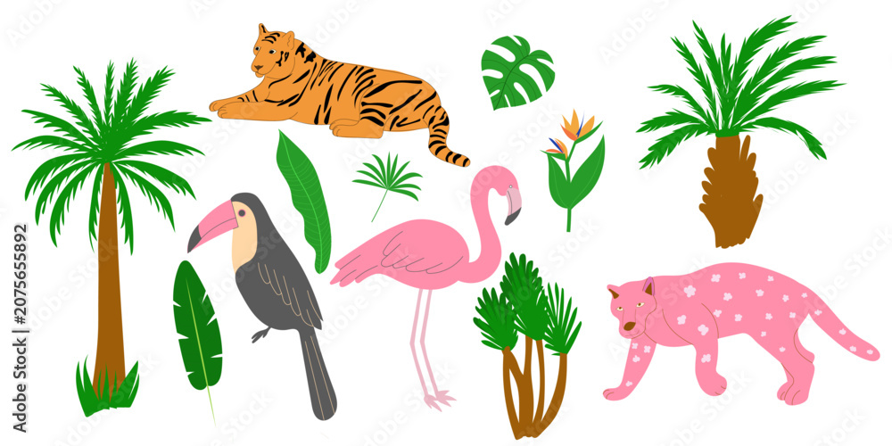 Naklejka premium Tropical elements. Wild animals, exotic plants, palm, tiger, leopand, parrot, monstera leaves, flowers. Cartoon doodle jungle stickers in retro style 
