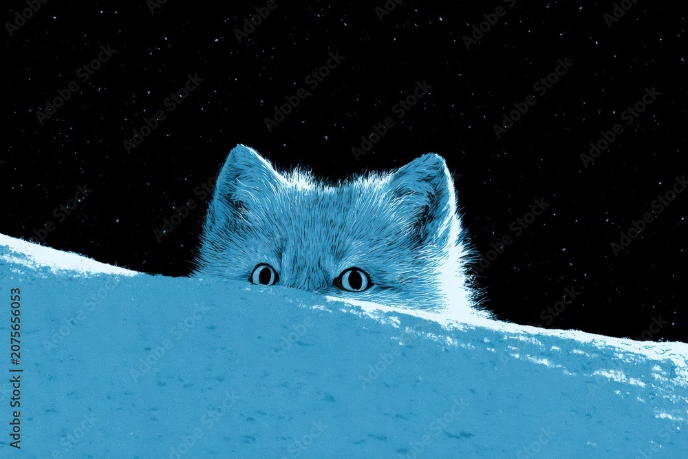 Fototapeta premium An arctic fox curiously peeks over a snowy ridge at night, revealing just its eyes and ears in a blue neon glow against a dark backdrop.