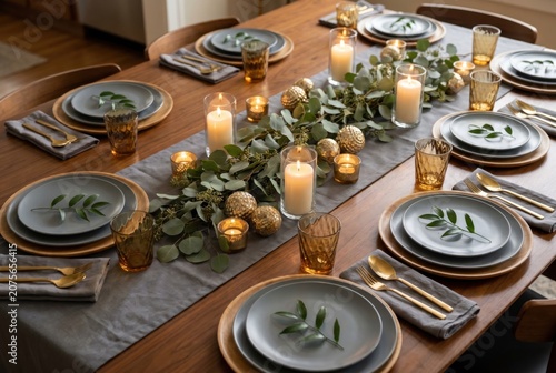 Elegant dinner table setting with candles and greenery for a special occasion