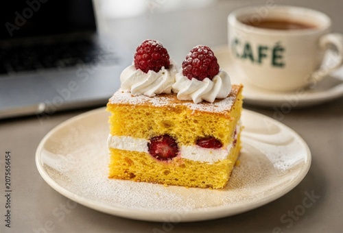 Elegant slice of raspberry cream sponge cake next to a coffee cup on a modern cafe table