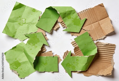 Torn green recycling symbol made from paper and cardboard pieces