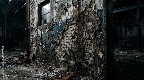 Abandoned brick wall with broken window.