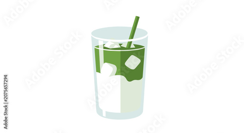 Refreshing iced matcha latte in a clear glass with ice cubes and a green straw, set against a minimalist white background